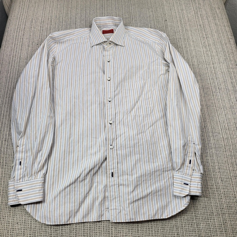 Isaia Dress Shirt Mens 16.5 42 White Stripe Slim‎ Fit French Cuff Made In Italy